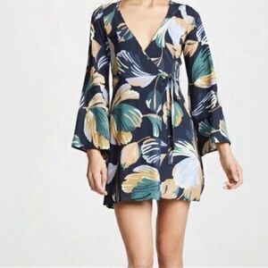NWOT Revolve Amanda Uprichard Jillian Navy Leaf Print Long Sleeve Wrap Dress XS